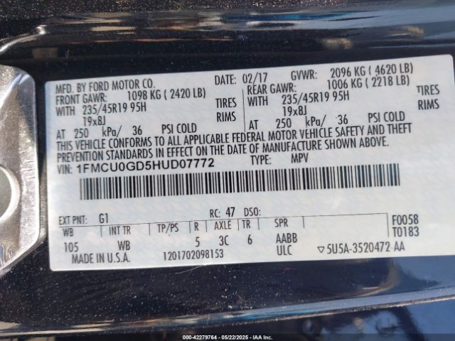 1FMCU0GD5HUD07772 Ford ESCAPE SE