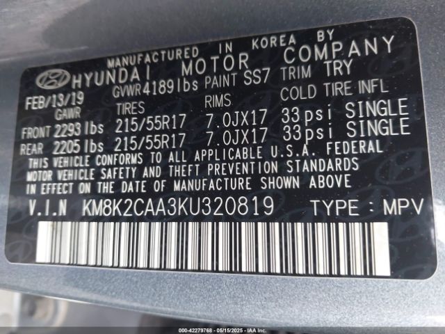 KM8K2CAA3KU320819 Hyundai Kona Sel