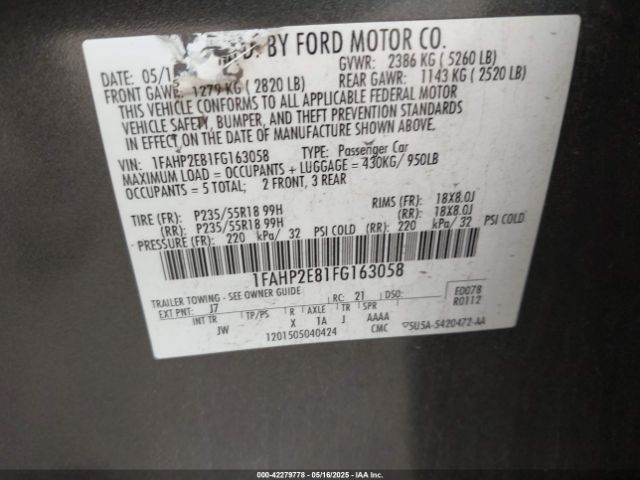 1FAHP2E81FG163058 Ford TAURUS SEL