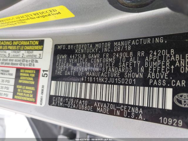 2018 TOYOTA CAMRY 4T1B11HK2JU150201 Photo 8