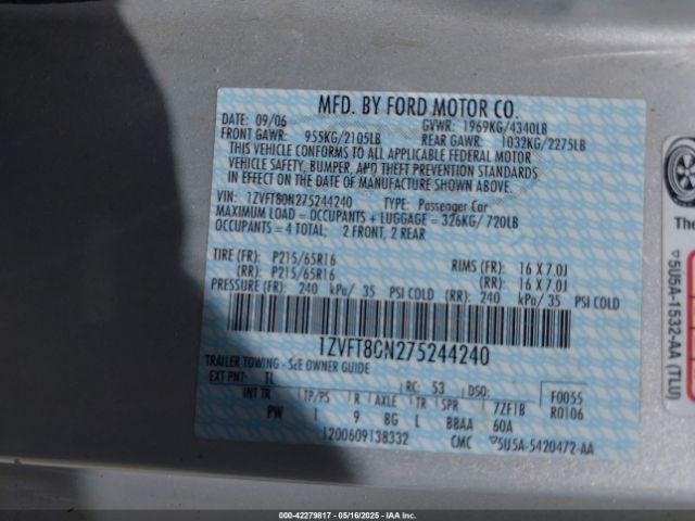 2007 FORD MUSTANG 1ZVFT80N275244240 Photo 8