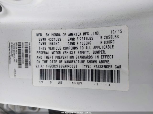 1HGCR2F88GA043633 Honda Accord Ex-l