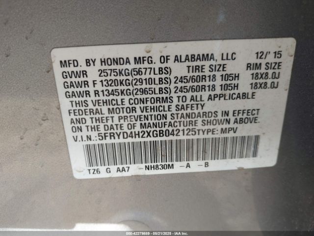 5FRYD4H2XGB042125 Acura Mdx Acurawatch Plus Package