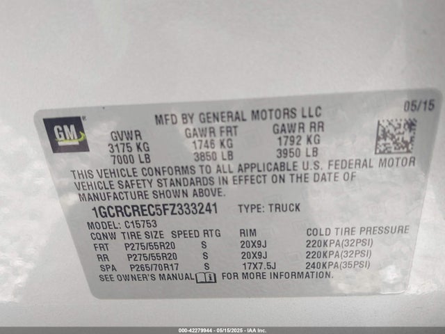 1GCRCREC5FZ333241 Chevrolet Silverado 1500 1lt