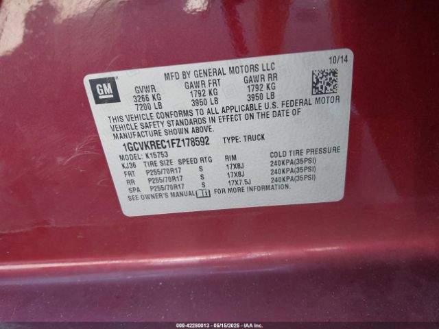 1GCVKREC1FZ178592 Chevrolet Silverado 1500 1lt