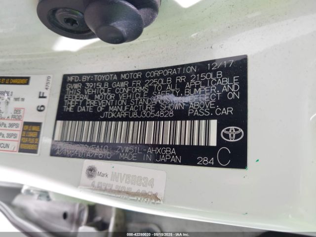 JTDKARFU8J3054828 Toyota 2zr-fxe,1nm