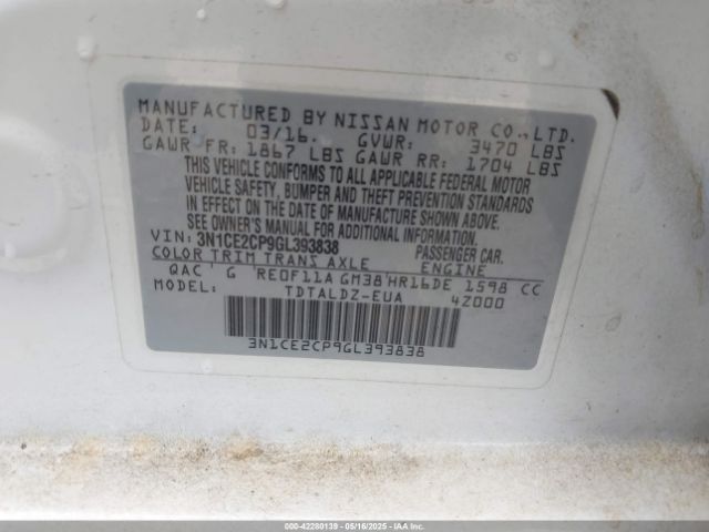 3N1CE2CP9GL393838 Nissan Versa Note S (sr)/s Plus/sl/sr/sv