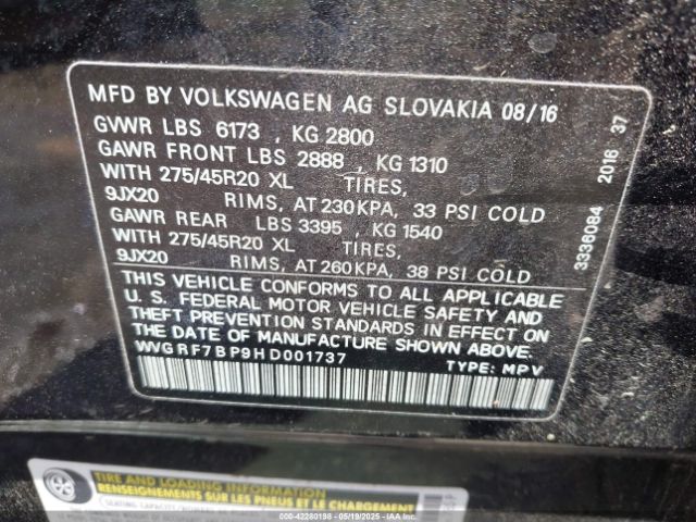 WVGRF7BP9HD001737 Volkswagen Touareg V6 Wolfsburg Edition