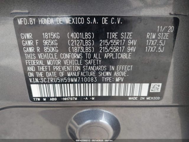 3CZRU5H59MM710083 Honda Hr-v 2wd Ex