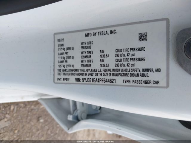 5YJ3E1EA4PF644621 Tesla MODEL 3