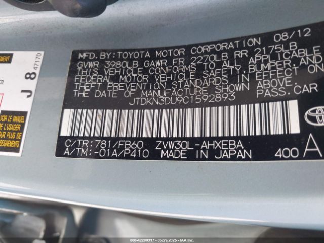 2012 TOYOTA PRIUS JTDKN3DU9C1592893 Photo 8