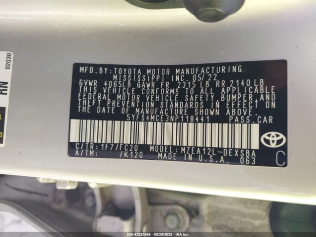5YFS4MCE3NP118441 Toyota Corolla Se Nightshade Edition