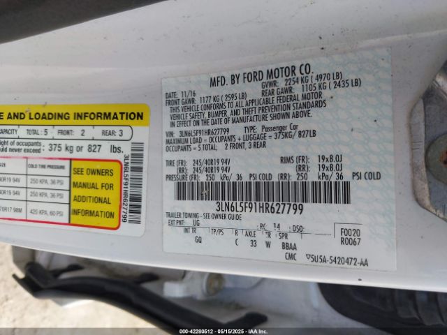 3LN6L5F91HR627799 Lincoln Mkz Reserve