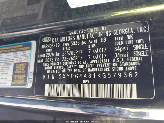 Продажа на аукционе авто 2019 Kia Sorento 2.4l L, vin: 5XYPG4A31KG579362, номер лота: 42280536