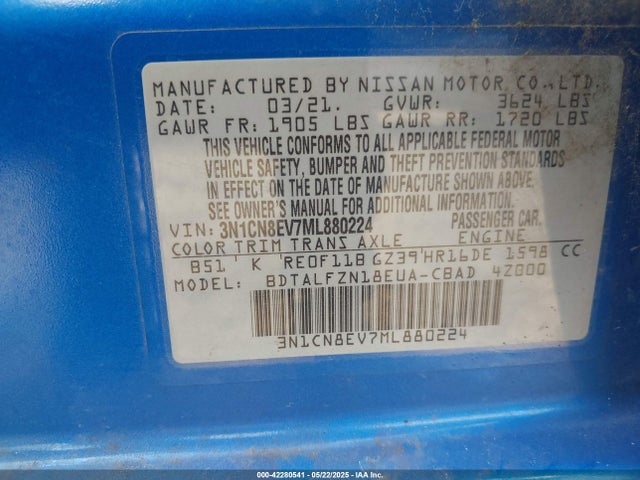 3N1CN8EV7ML880224 Nissan Versa