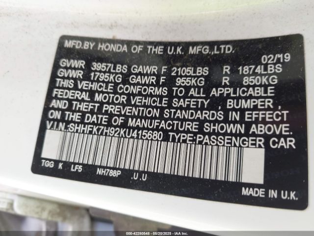 SHHFK7H92KU415680 Honda Civic Sport Touring