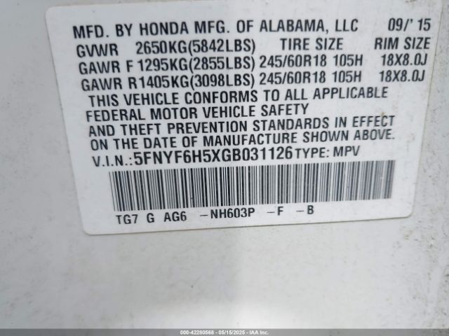 5FNYF6H5XGB031126 Honda Pilot Ex-l