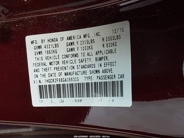 1HGCR2F96GA099305 Honda Accord Ex-l