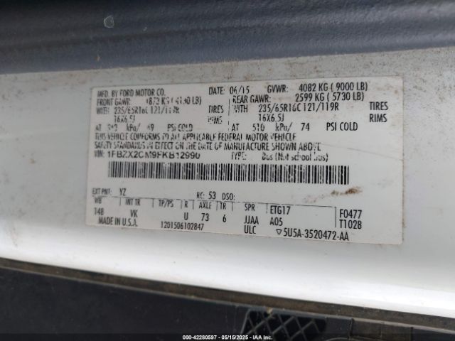 1FBZX2CM9FKB12990 Ford Transit-350 Xl