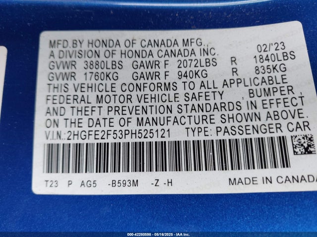 2HGFE2F53PH525121 Honda Civic Sport