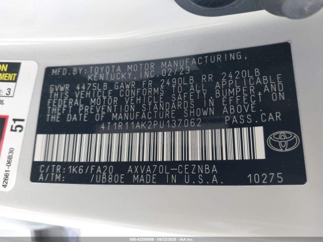 4T1R11AK2PU137062 Toyota CAMRY LE