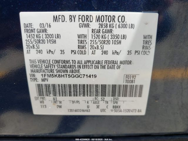 1FM5K8HT5GGC71419 Ford Explorer Platinum