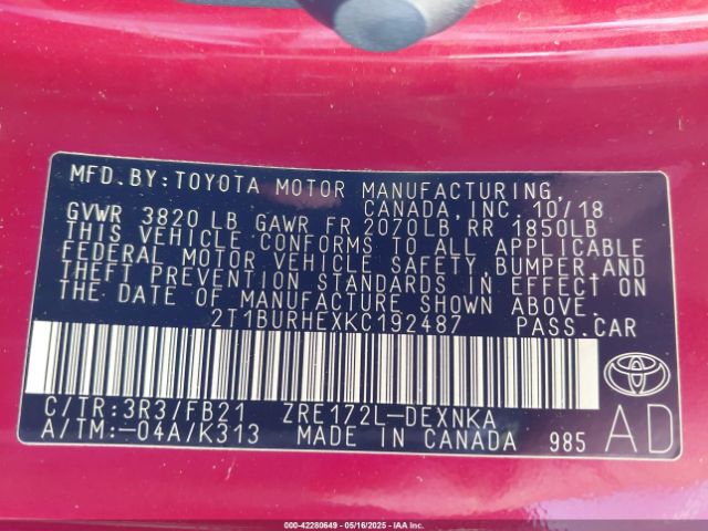 2T1BURHEXKC192487 Toyota COROLLA LE