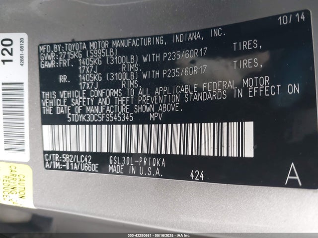 Toyota 2gr-fks 2015 5TDYK3DC5FS545345 Image 9