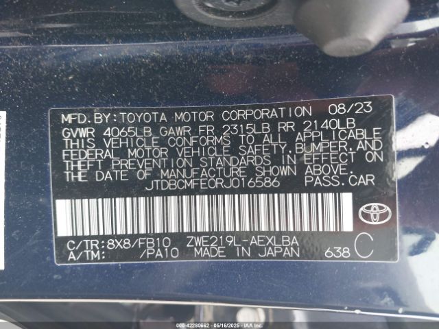 JTDBCMFE0RJ016586 Toyota Corolla Hybrid Le