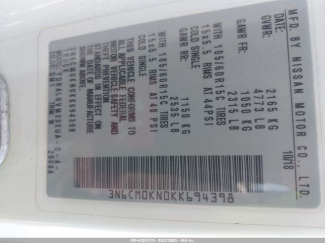 3N6CM0KN0KK694398 Nissan NV200 SV
