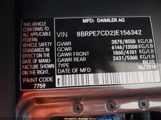 8BRPE7CD2JE156342 Mercedes-Benz Sprinter 2500 Standard Roof V6