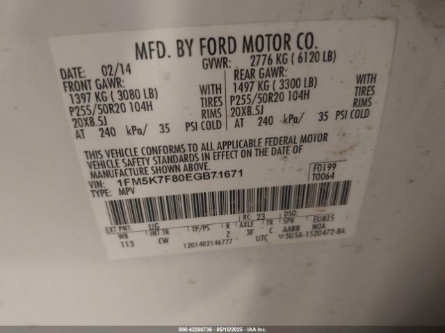 1FM5K7F80EGB71671 Ford Explorer Limited