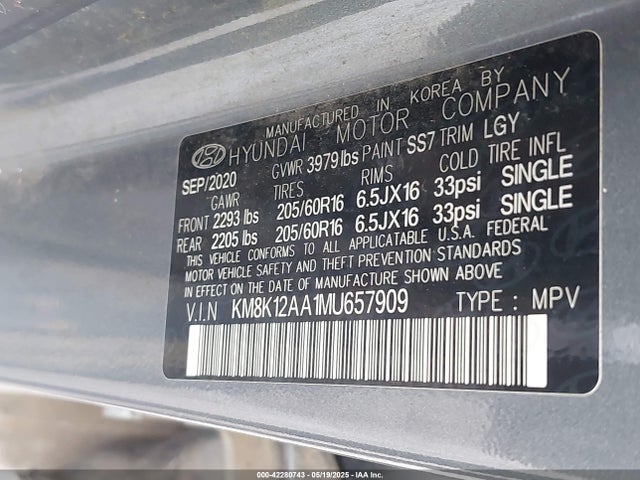 KM8K12AA1MU657909 Hyundai mpi nu