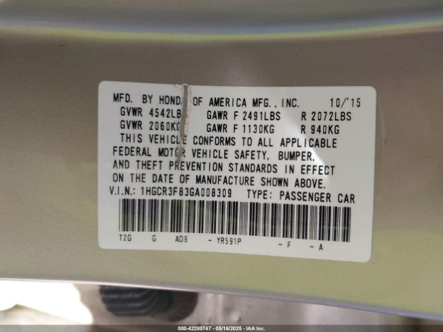 1HGCR3F83GA008309 Honda Accord Ex-l V-6