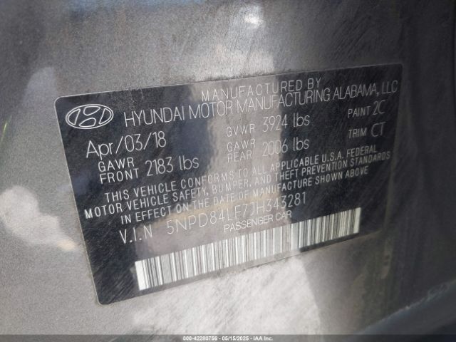 5NPD84LF7JH343281 Hyundai ELANTRA SEL