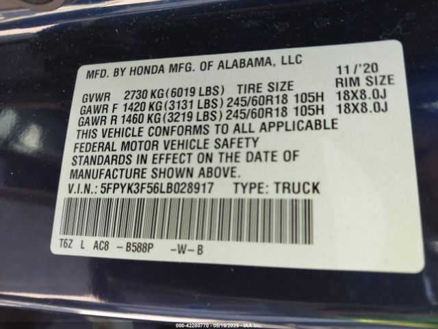 5FPYK3F56LB028917 Honda Ridgeline Awd Rtl