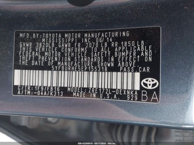 5YFBURHE5EP155318 Toyota Corolla Le Plus