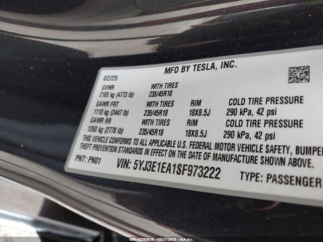 5YJ3E1EA1SF973222 Tesla Model 3 Long Range Rear-wheel Drive