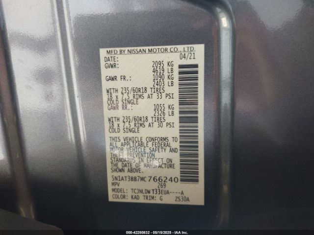 5N1AT3BB7MC766240 Nissan Rogue Sv Intelligent Awd