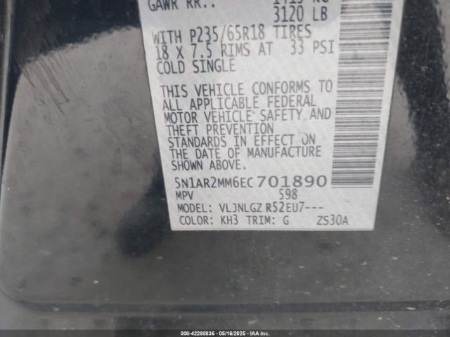 5N1AR2MM6EC701890 Nissan Pathfinder Sl