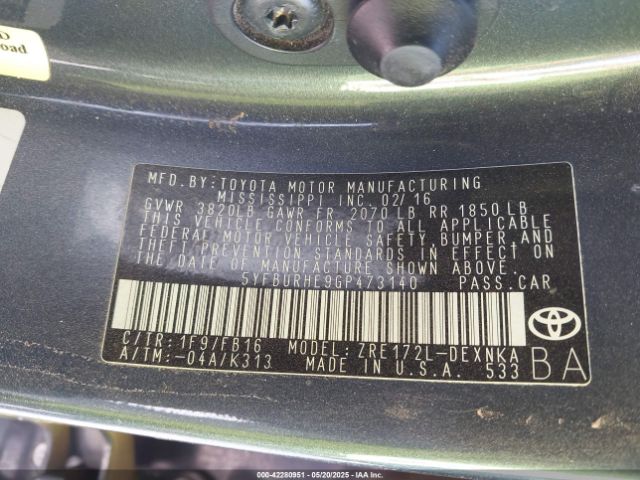 5YFBURHE9GP473140 Toyota COROLLA LE