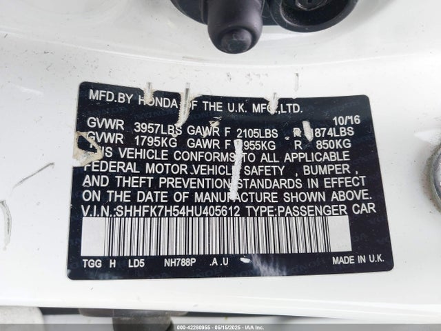 SHHFK7H54HU405612 Honda l15ba