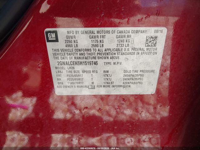 2GNALCEK6H1519746 Chevrolet EQUINOX LT