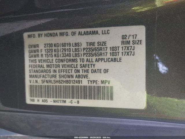 5FNRL5H62HB012491 Honda Odyssey Ex-l
