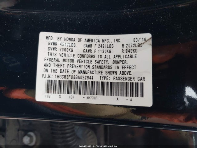 1HGCR3F08GA022944 Honda Accord Ex-l