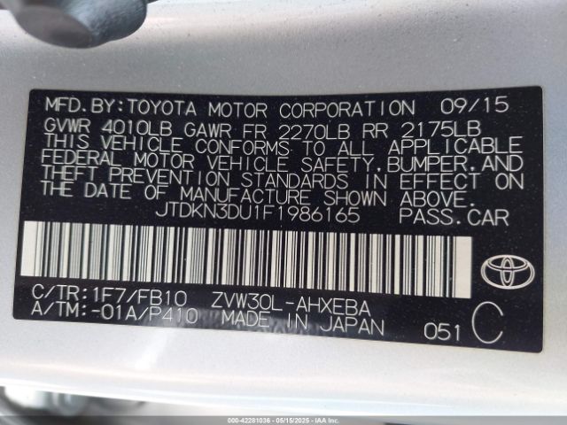 JTDKN3DU1F1986165 Toyota Prius Two