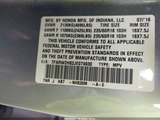 7FARW2H82JE074930 Honda Cr-v Ex-l/ex-l Navi