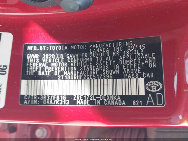 2T1BURHE2GC517396 Toyota COROLLA LE