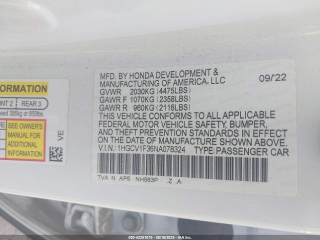 2022 HONDA ACCORD 1HGCV1F36NA078324 Photo 8