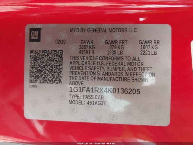 1G1FA1RX4K0136205 Chevrolet Camaro 1lt